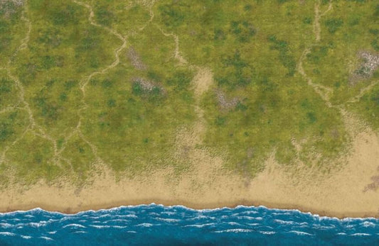 Top-down view of a beach with greenery and blue water.