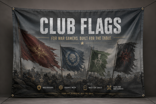 A large dark gray promotional banner for Club Flags war gaming flags, featuring four illustrated battle flags and bold white text reading 'CLUB FLAGS' against a moody battlefield background.